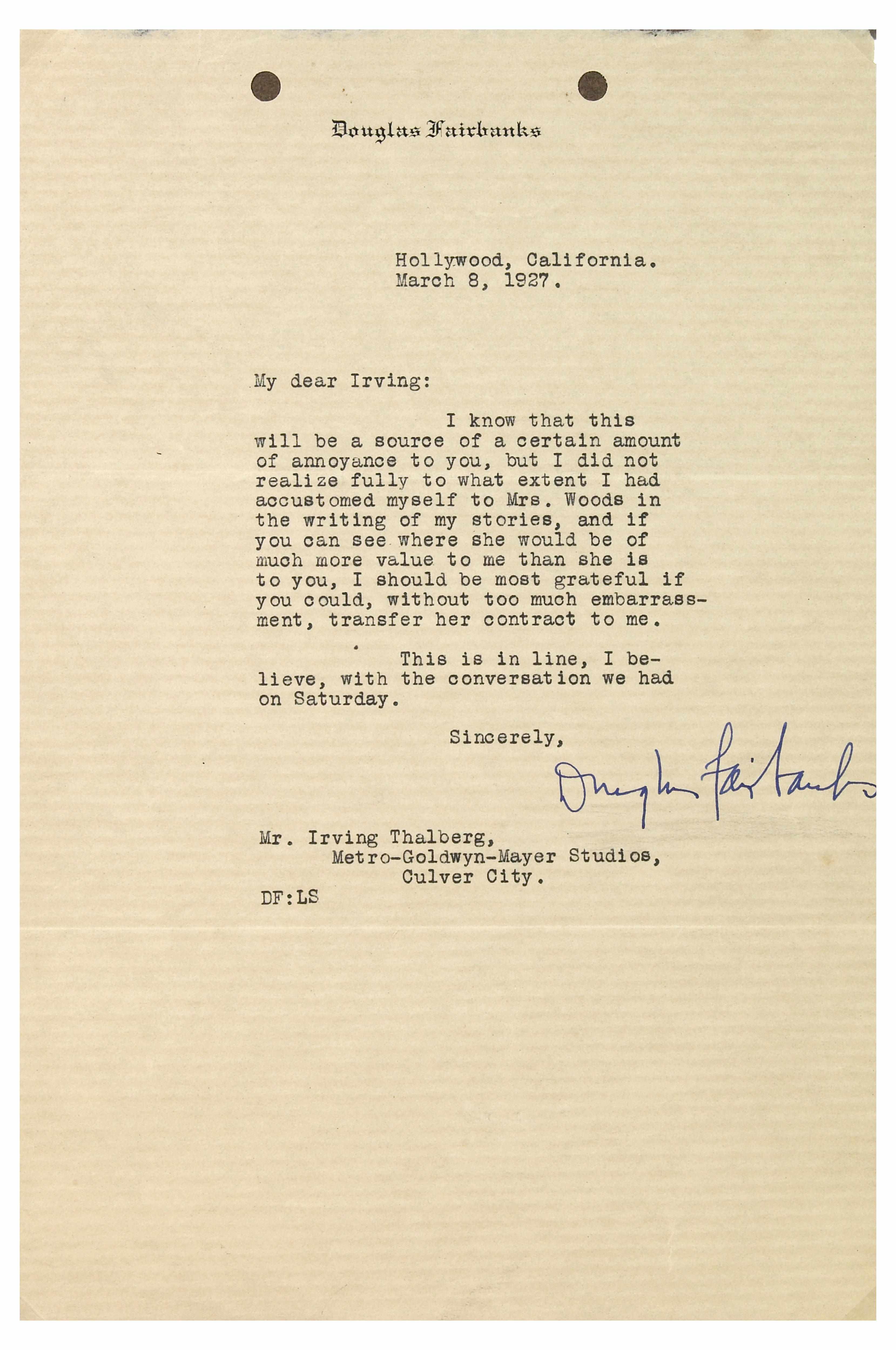 Appraisal: Douglas Fairbanks Sr correspondence and photographs Typed letter to Irving