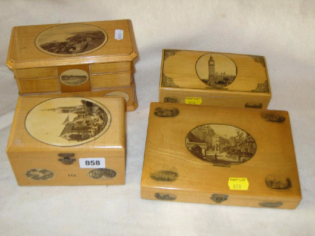 Appraisal: A collection of Mauchline ware all boxes with photographic panels