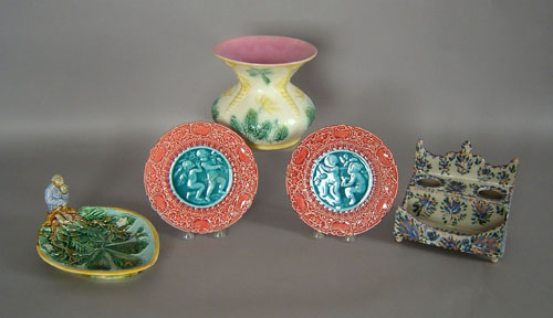 Appraisal: Four pcs of Majolica together with faince inkwell