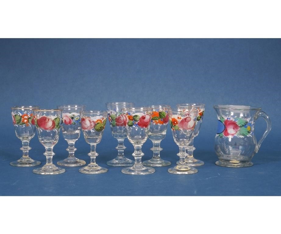 Appraisal: Nine enamel painted wine glasses gilt rimmed th c together