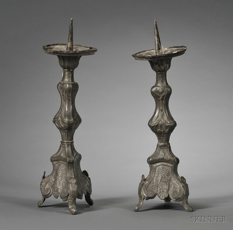 Appraisal: Pair of Baroque Pewter Candlesticks th century baluster form raised