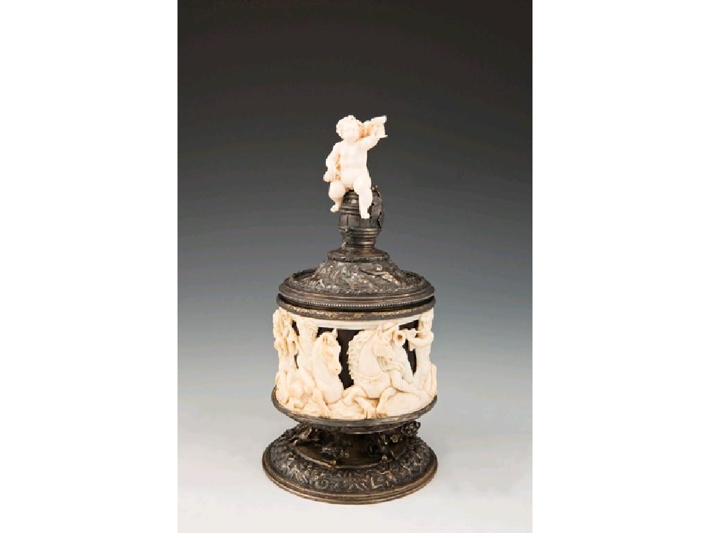 Appraisal: A CONTINENTAL SILVER MOUNTED CARVED IVORY AND TORTOISESHELL POT AND