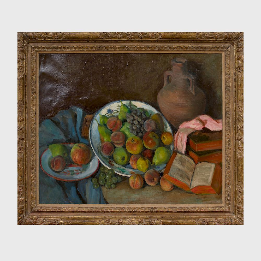 Appraisal: th Century School Still Life with Fruit and Books Oil