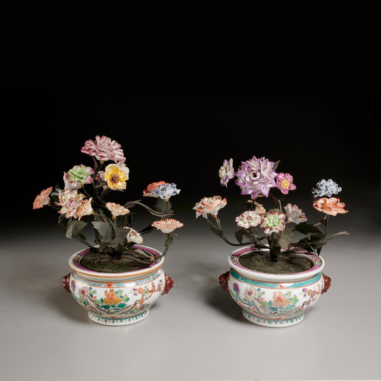 Appraisal: PAIR TOLE AND PORCELAIN MENNECY STYLE JARDINIERES th th c