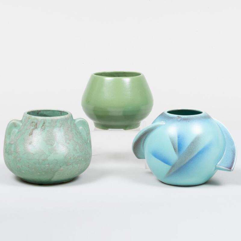 Appraisal: Group of Three Green Glazed Pottery Vases Comprising An American