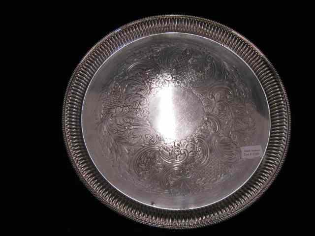 Appraisal: Barker Ellis Silverplate Round Tray engraved fancy design '' diameter