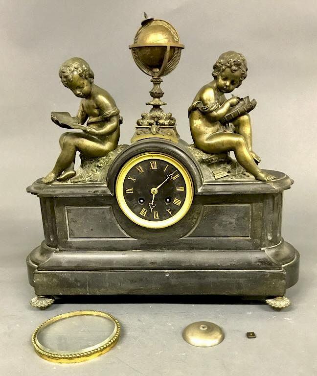 Appraisal: French Onyx Clock with Bronze Figures French onyx clock th