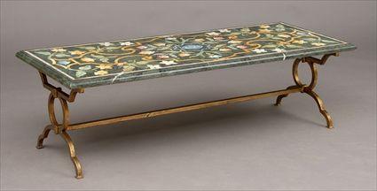 Appraisal: BAROQUE-STYLE SCAGLIOLA-TOP GILT-METAL LOW TABLE The verde antico top with