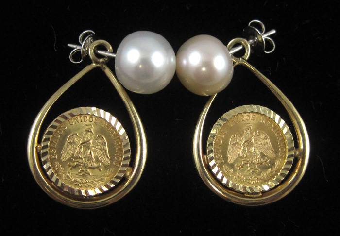 Appraisal: PAIR OF PEARL EAR STUDS WITH GOLD COIN EARRING ENHANCERS