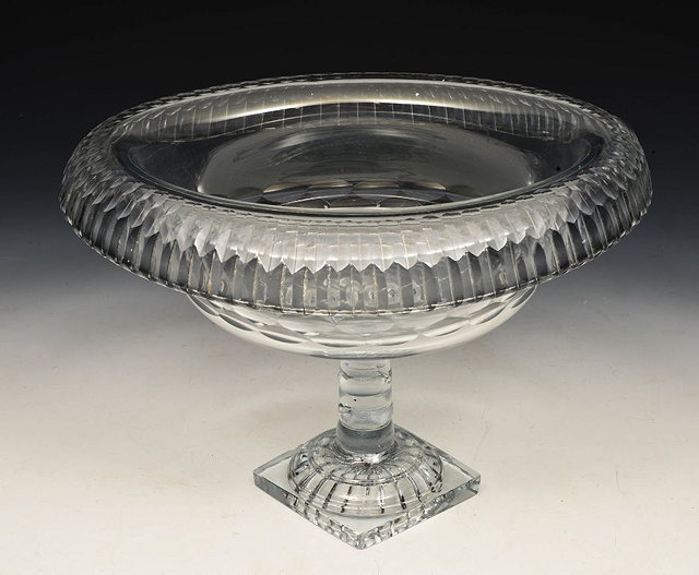 Appraisal: AN IRISH GLASS OVAL TURNOVER BOWL on a square pedestal