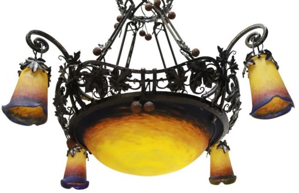 Appraisal: French Art Nouveau wrought iron chandelier early th c two