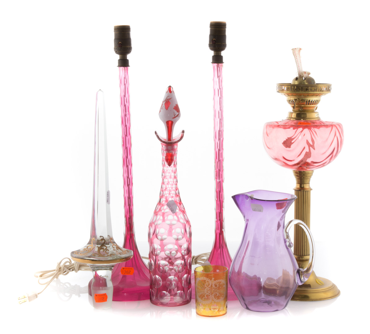 Appraisal: Assorted colored glass including pair of cranberry lamps cranberry oil