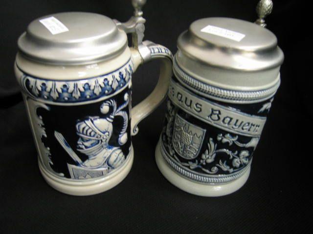 Appraisal: German Pottery Steins blue grey pewter lids liter