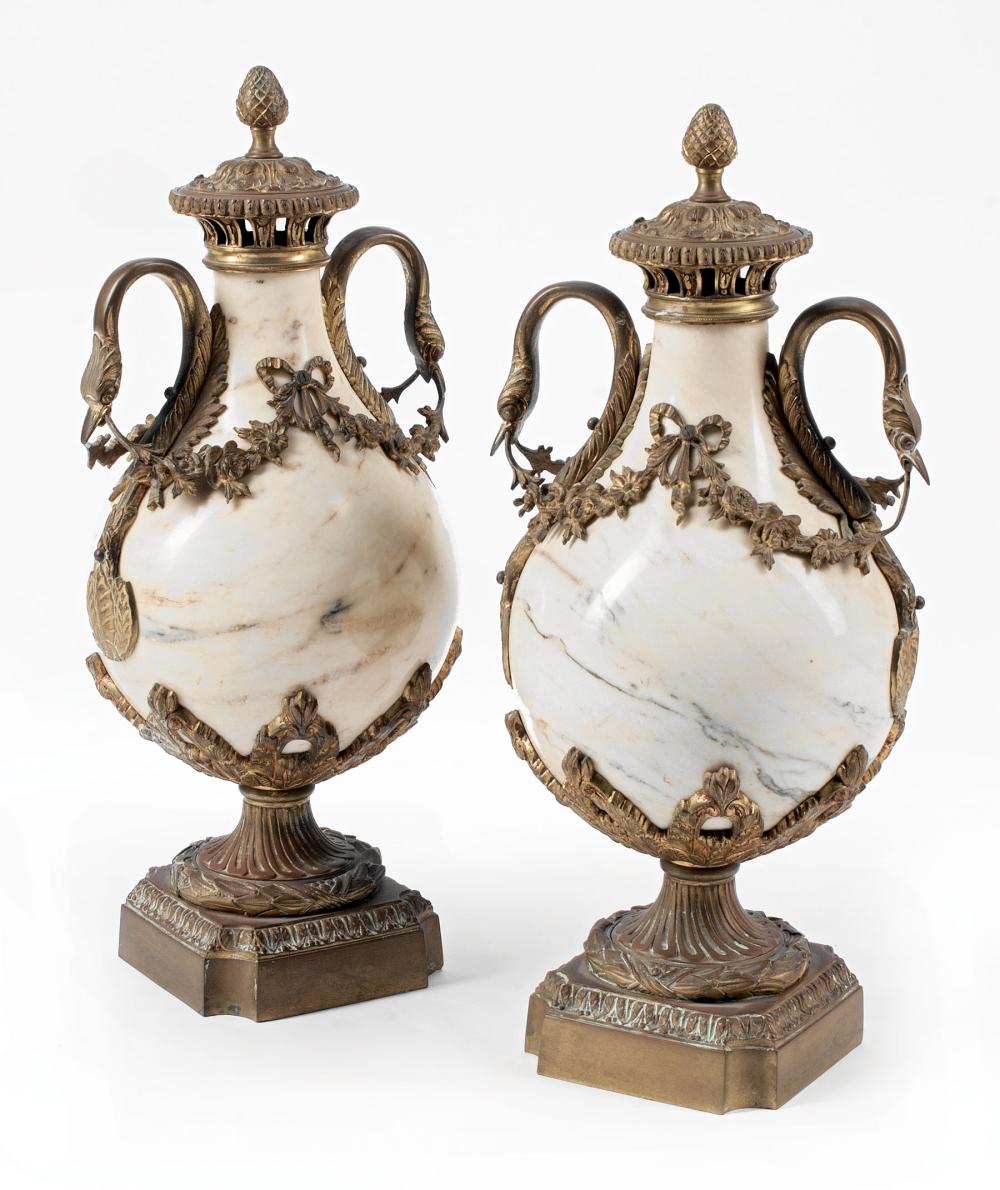 Appraisal: Pair of Louis XVI-Style Bronze-Mounted Variegated White Marble Cassolettes th