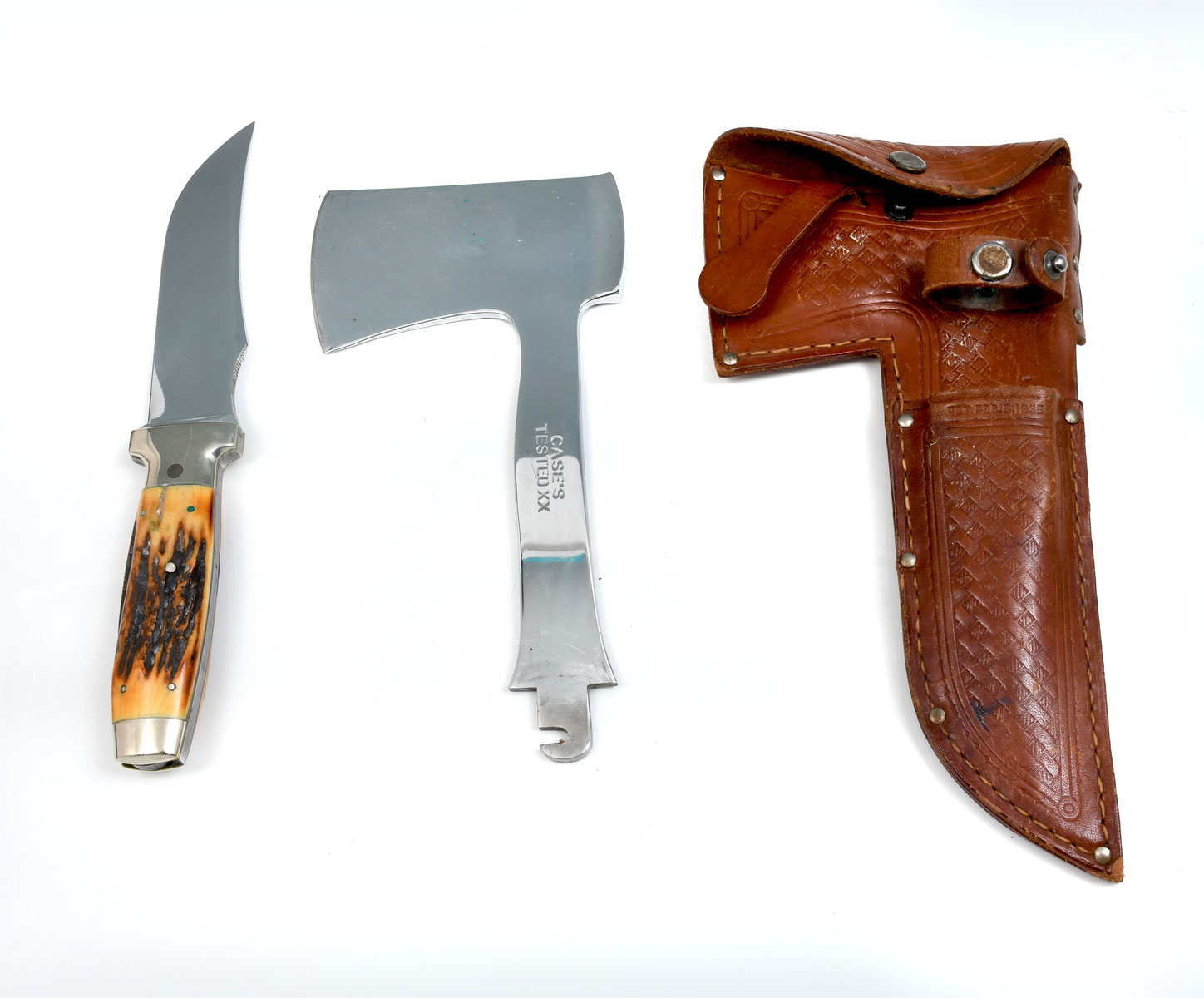 Appraisal: CASE PIECE KNIFE HATCHET SET WITH SHEATH Hatchet is Marked