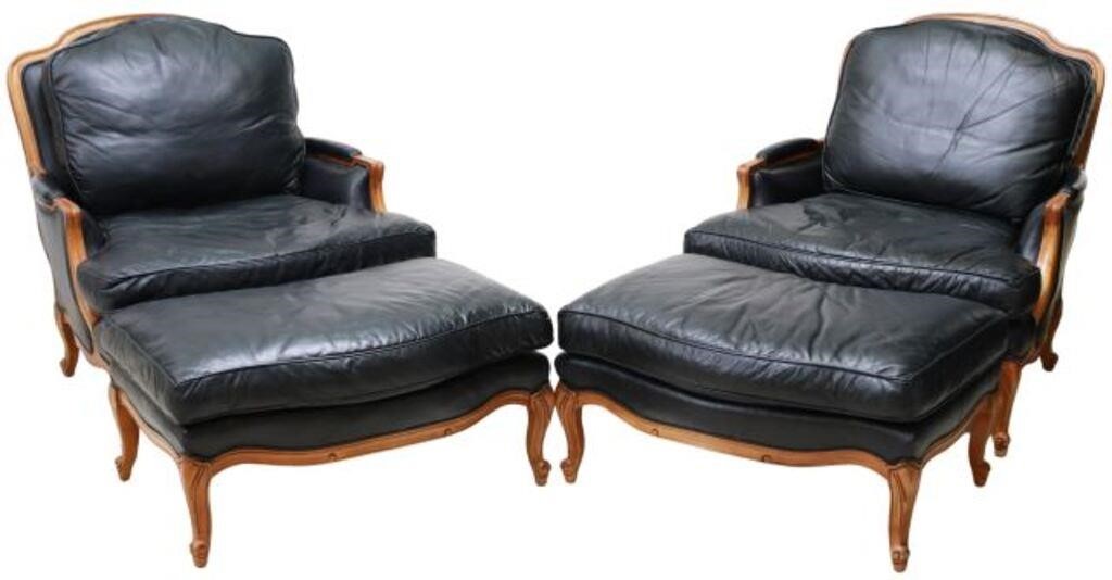 Appraisal: lot of Oversized Louis XV style black leather lounge chairs