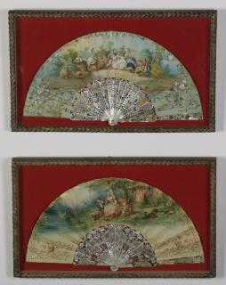 Appraisal: th c hand painted silk MOP fans Two similar th