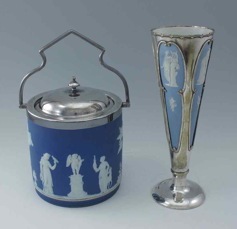 Appraisal: PIECE WEDGWOOD VASE AND BISCUIT JAR To include Silverplate mounted