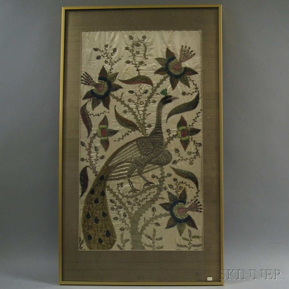 Appraisal: Framed Embroidered Asian Panel depicting a peacock and floral devices