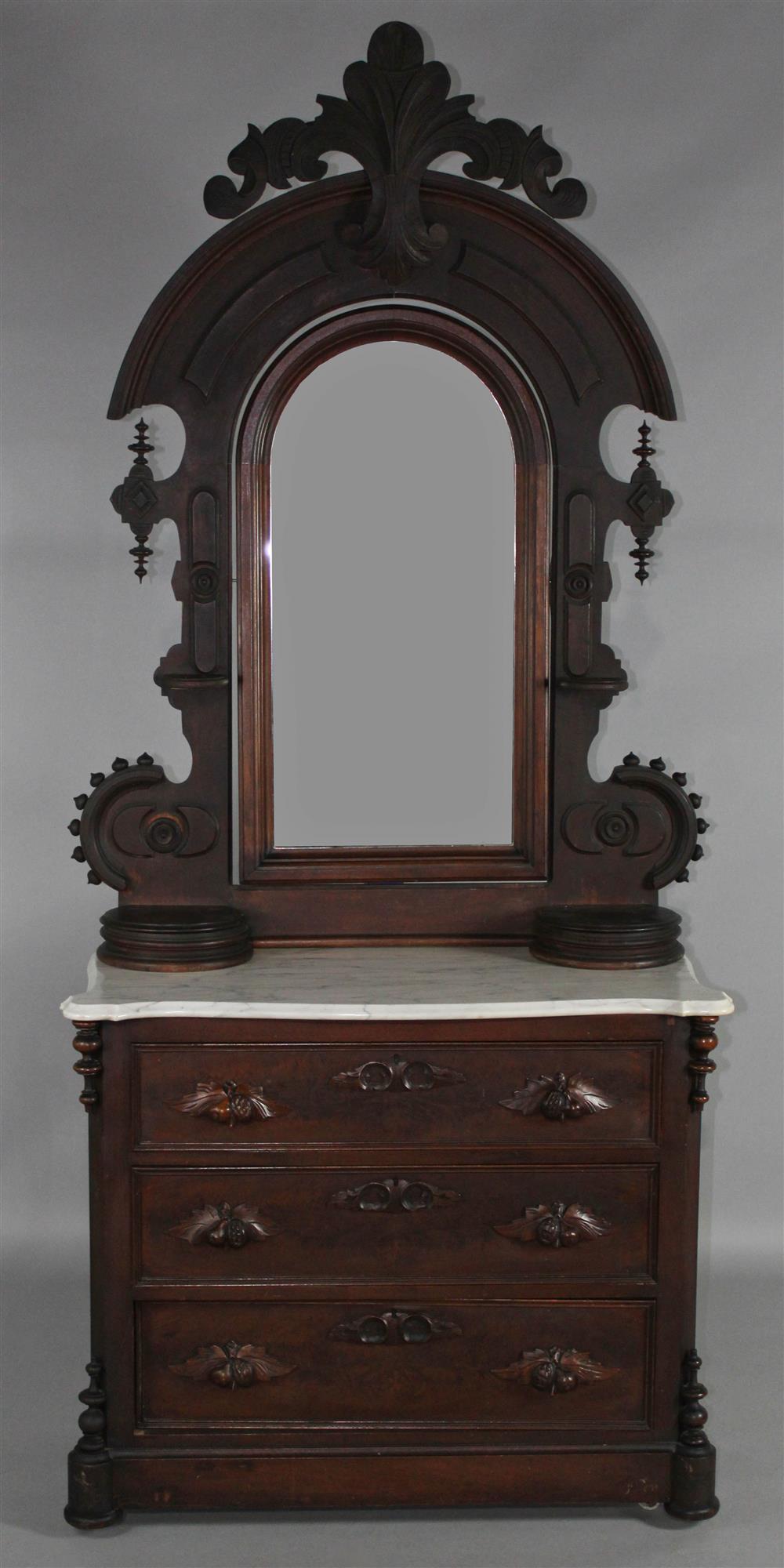 Appraisal: VICTORIAN CARVED MAHOGANY MIRRORED DRESSER WITH WHITE MARBLE TOP the