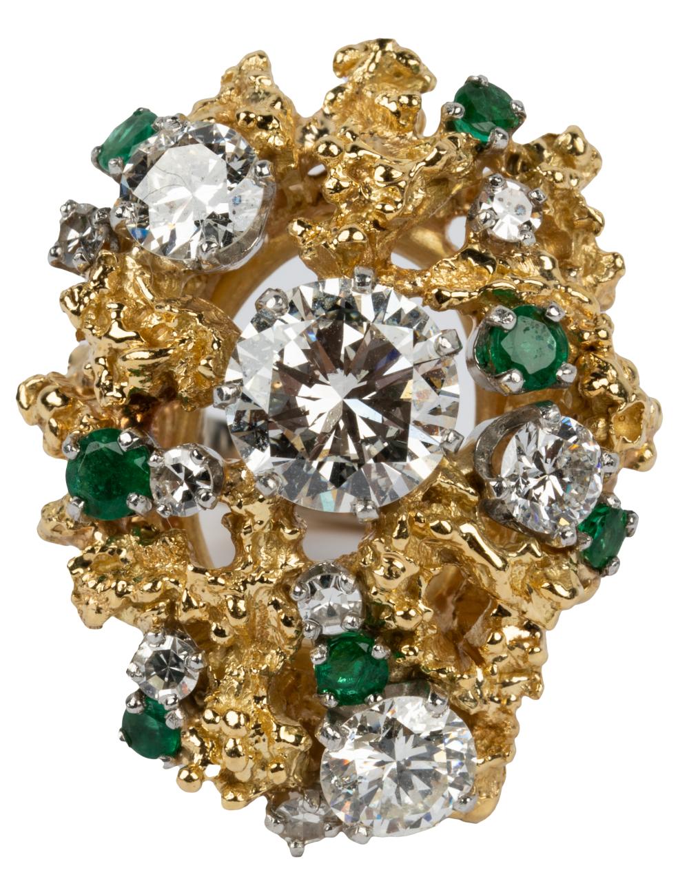 Appraisal: KARAT YELLOW GOLD DIAMOND EMERALD CLUSTER RINGcentering one round brilliant