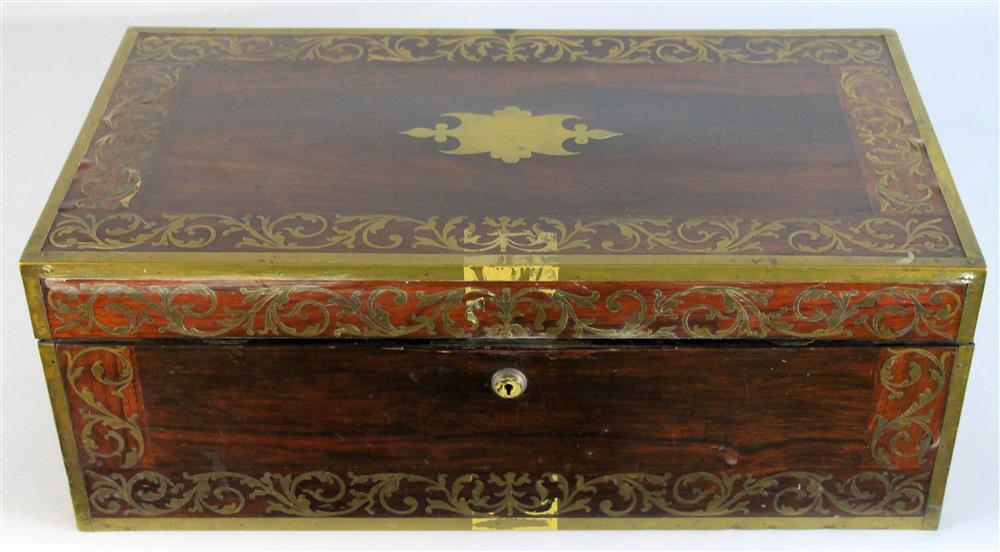 Appraisal: COLONIAL BRASS INLAID ROSEWOOD TRAVELING WRITING BOX LOCK MARKED J