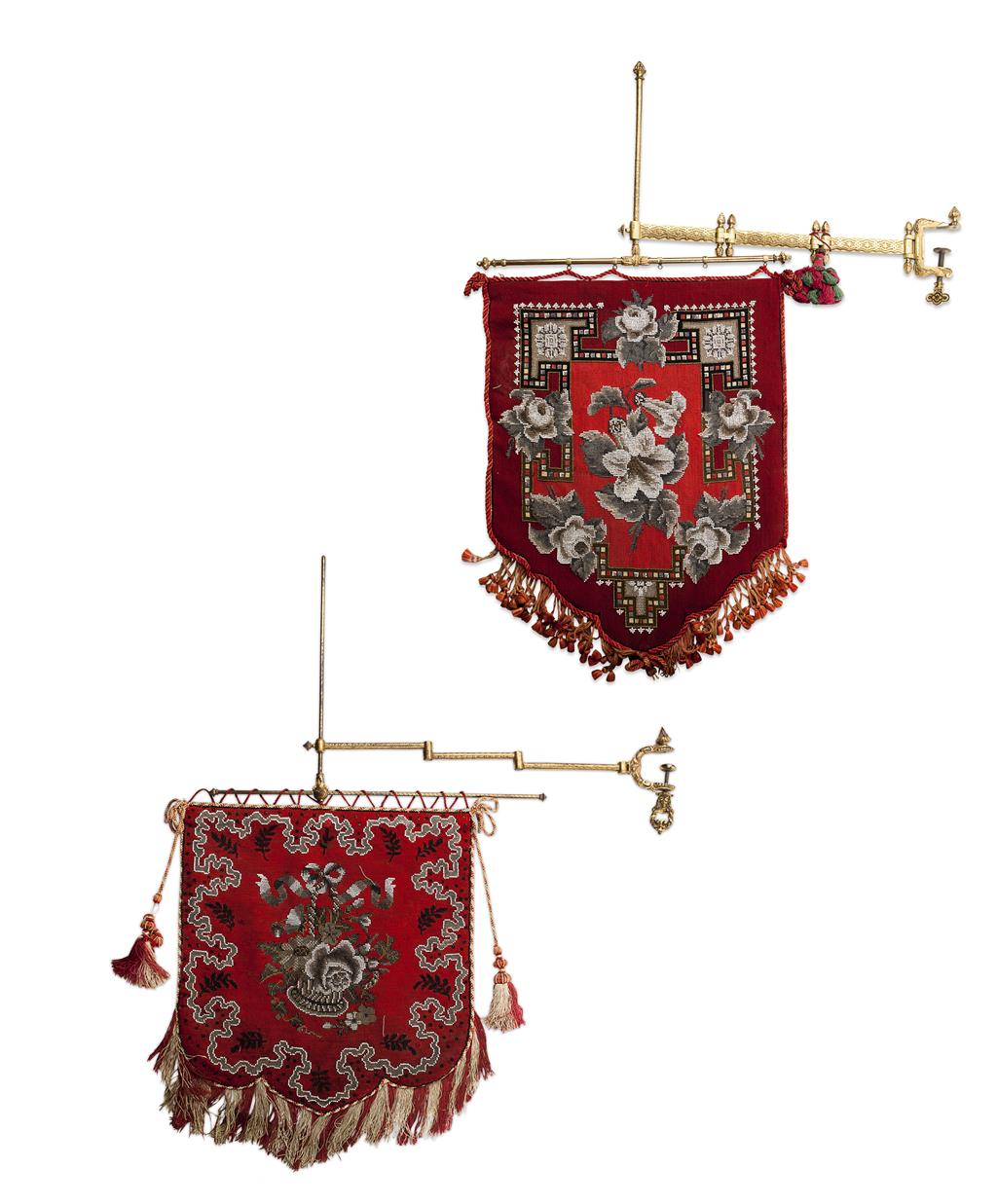 Appraisal: TWO VICTORIAN BEADWORK FIRESCREENS TH CENTURY of shield shape depicting