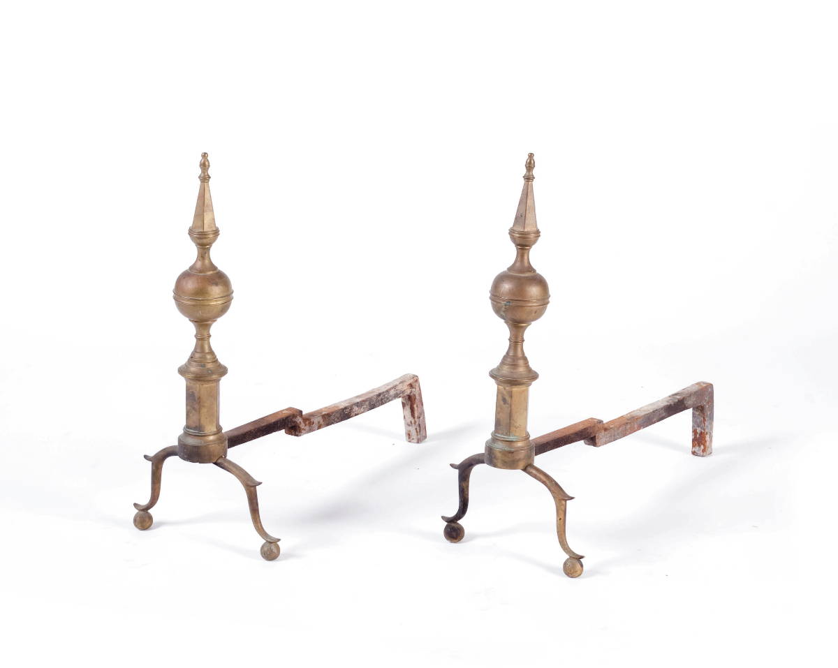 Appraisal: PAIR OF FEDERAL BRASS STEEPLE TOP ANDIRONS WITH SPURRED LEGS