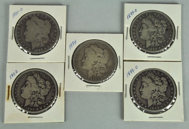 Appraisal: Five Circulated Morgan DollarsDates are -O coins -O and Grades