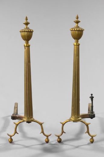 Appraisal: Tall Pair of American Ribbed Brass and Wrought-Iron Andirons second