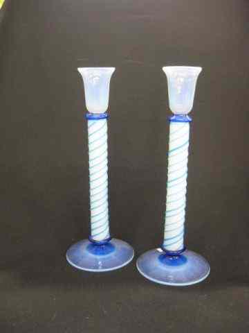 Appraisal: Fry Opalescent Art Glass Candlesticks blue swirl trim '' tall