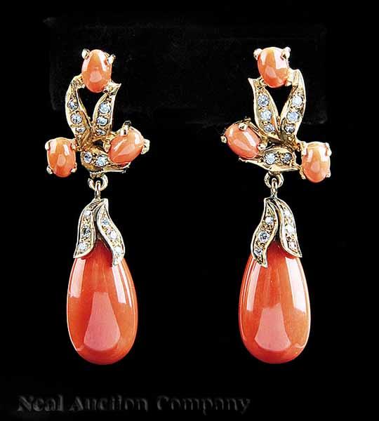 Appraisal: A Pair of kt Yellow Gold Coral and Diamond Pendant