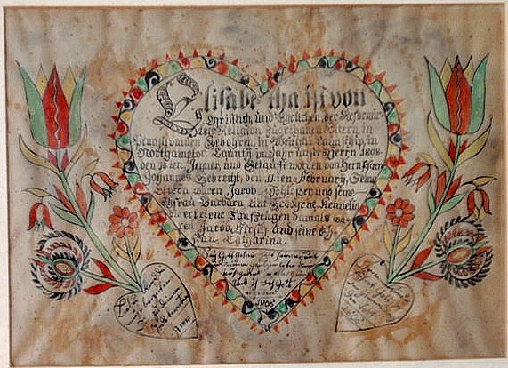 Appraisal: Pennsylvania fraktur watercolor on paper Northampton County hearts tulips and