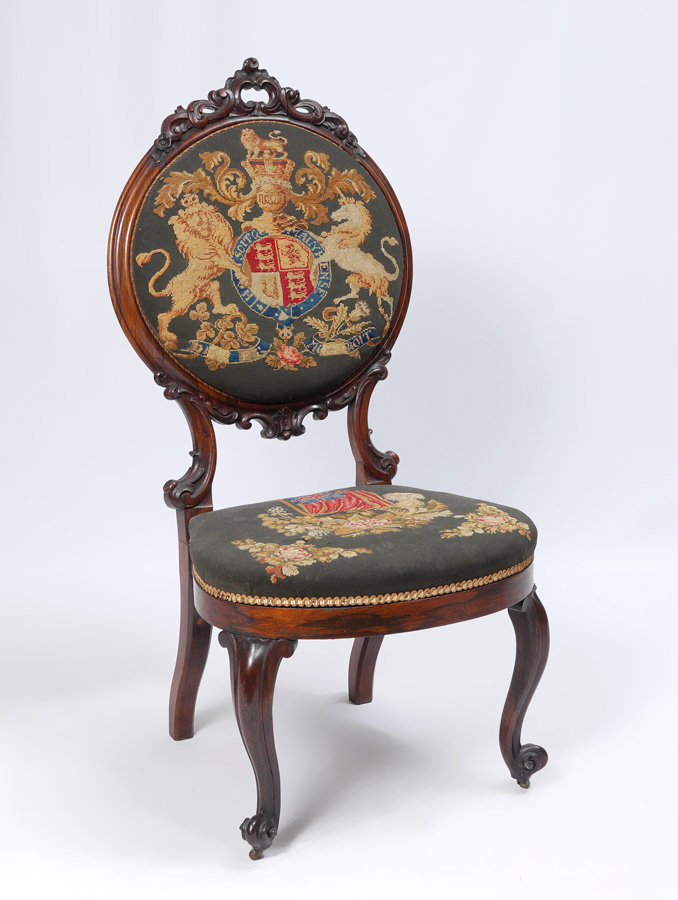 Appraisal: ENGLISH VICTORIAN NEEDLEPOINT SIDE CHAIR Decidedly British with round back