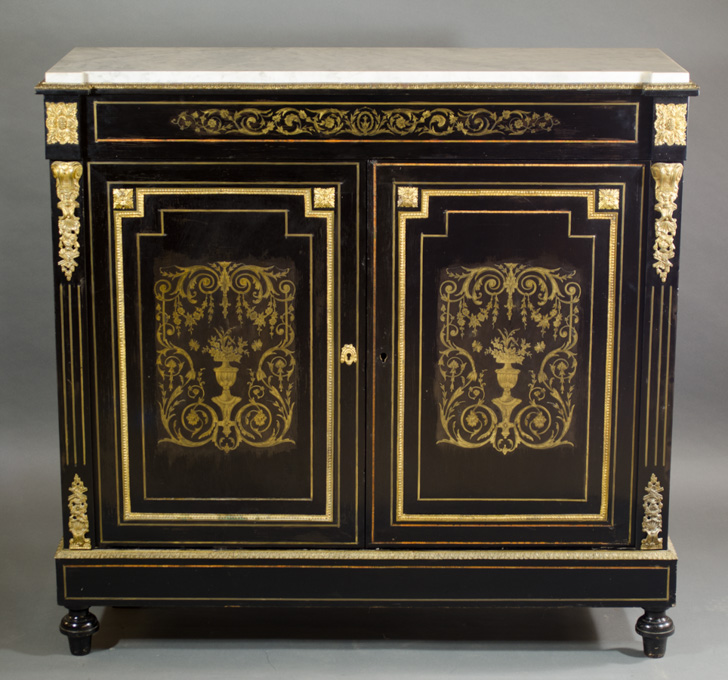 Appraisal: LOUIS XVI STYLE INLAID EBONIZED AND ORMOLU-MOUNTED MEUBLE D'APPUI Napoleon