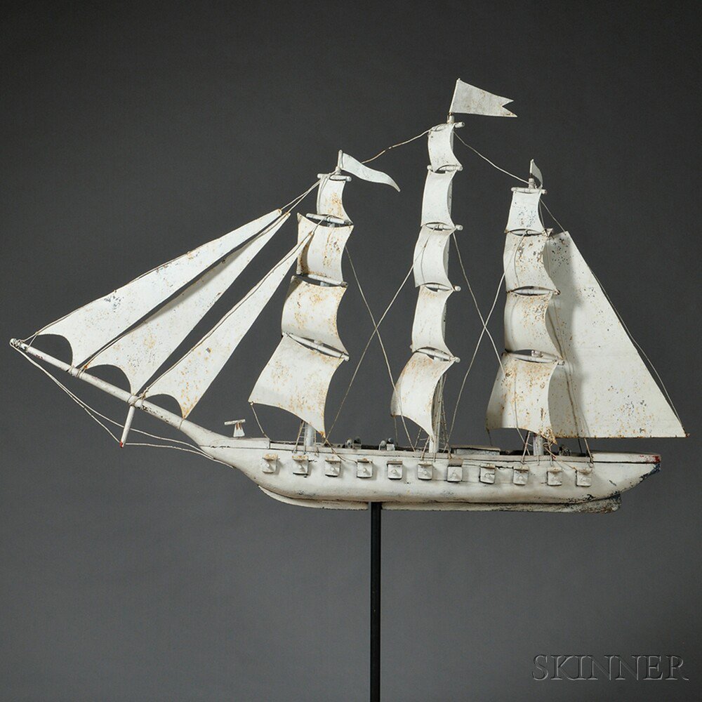 Appraisal: Large White-painted Sheet Iron and Wood Three-masted Ship Weathervane America