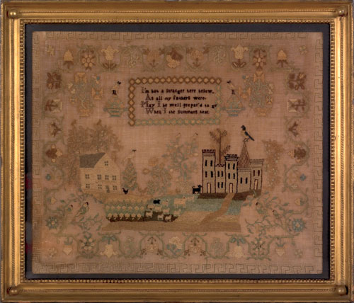 Appraisal: Silk on linen sampler probably Philadelphia ca the central buildings