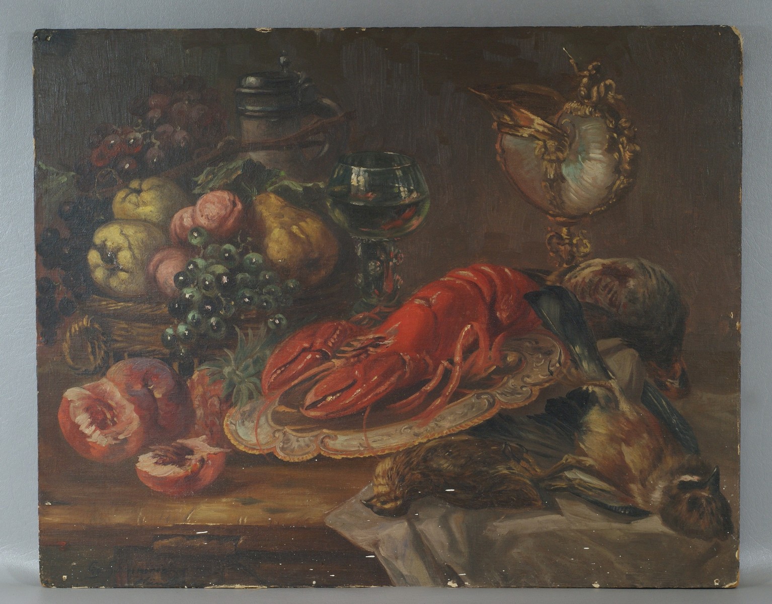 Appraisal: German oil on board still life with lobster fruit etc