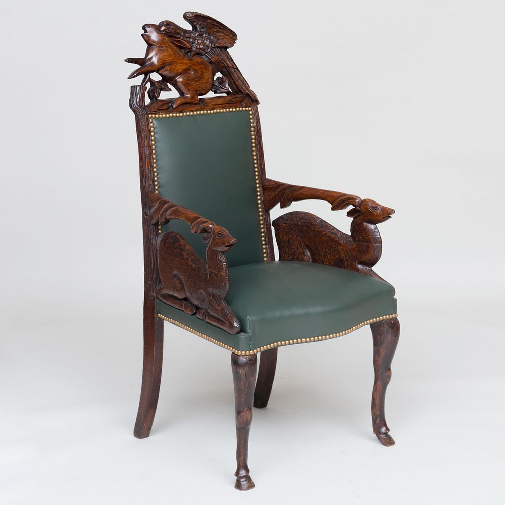 Appraisal: Unusual Rustic Carved Oak and Leather Animal-Form Armchair Fitted at