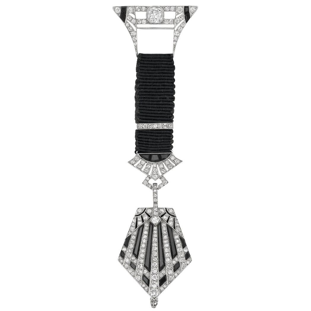 Appraisal: Art Deco Platinum Diamond and Black Onyx Lapel Watch Van