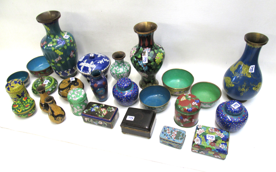 Appraisal: TWENTY SIX PIECES OF CLOISONNE vases boxes ginger jars bowls