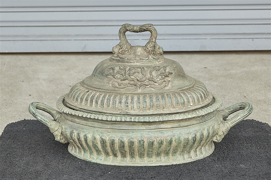 Appraisal: Chinese bronze covered basin with handles with lion head and