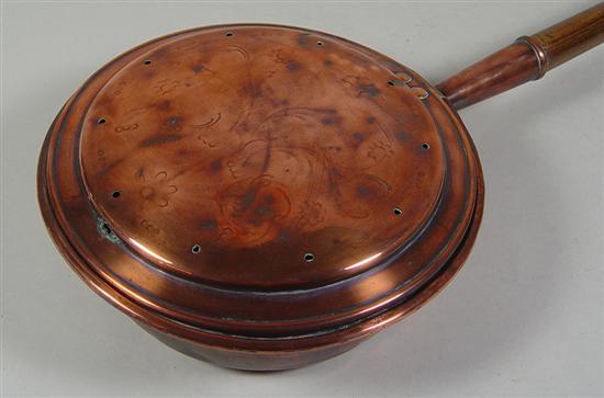 Appraisal: Copper Bedwarmer th Century Worn engraved lid Possibly later handle