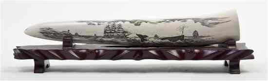 Appraisal: A Large Scrimshaw Ivory Tusk depicting whales amongst ships at