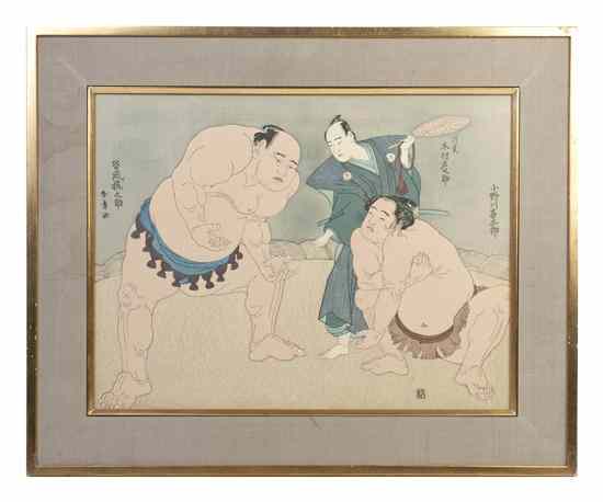 Appraisal: A Japanese Woodblock Print Katsukawa Shunsho - depicting two sumo