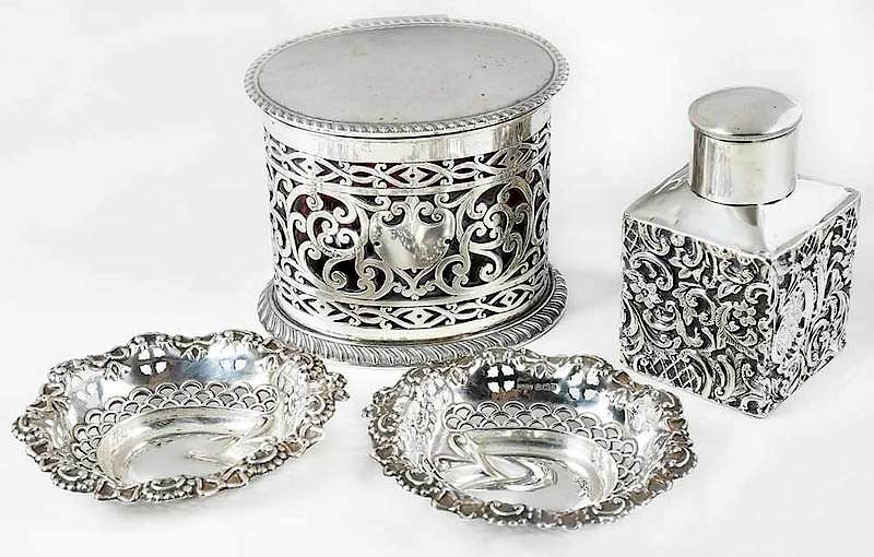 Appraisal: Four English Silver Table Items including ta caddy with scroll