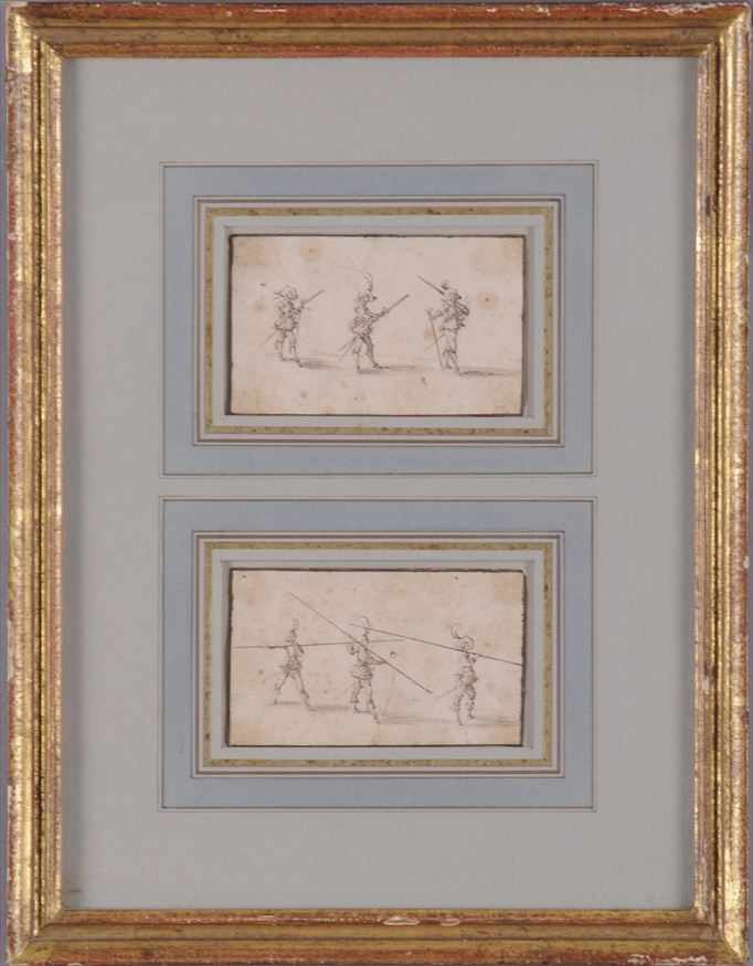 Appraisal: ATTRIBUTED TO JACQUES CALLOT FOUR SMALL FRAMED FIGURAL STUDIES Ink