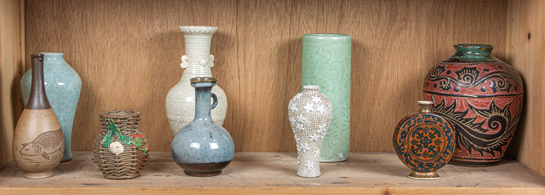 Appraisal: Shelf of Japanese ceramic vases tallest h