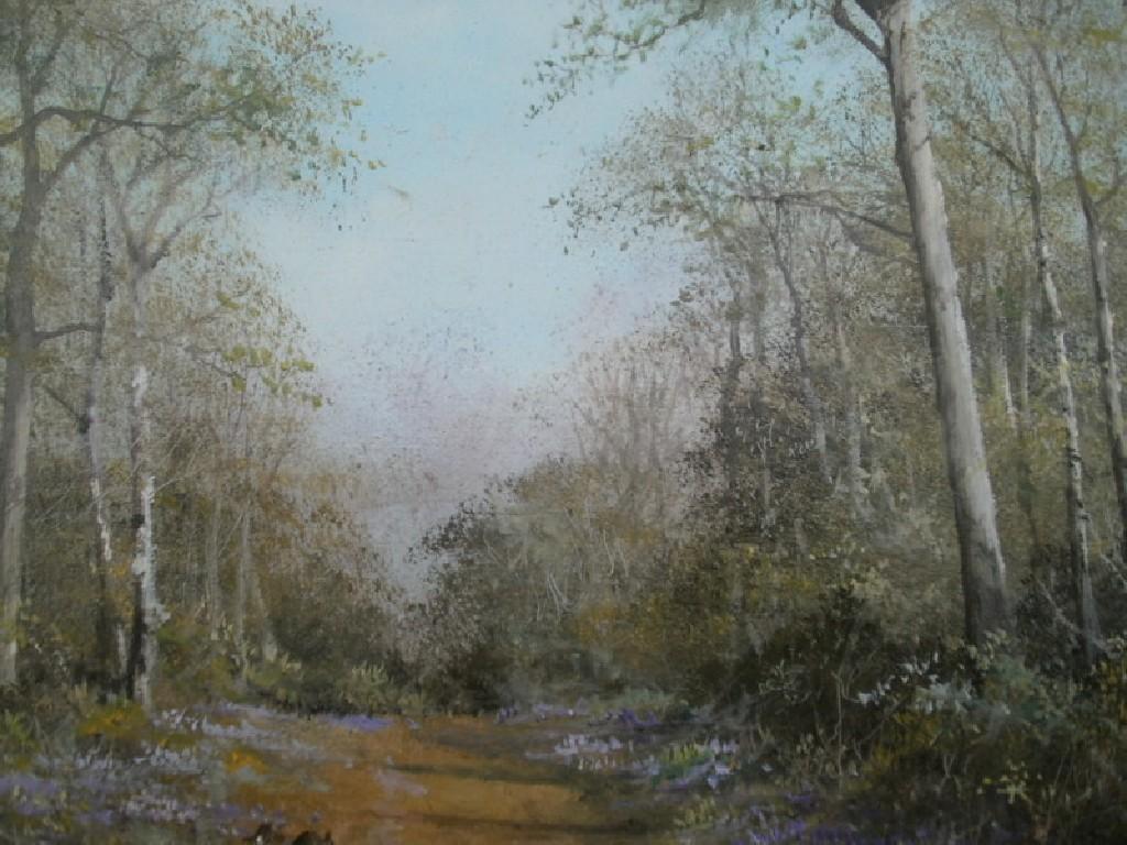 Appraisal: Caesar Smith contemporary British Rabbits on a woodland path oil