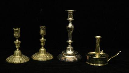 Appraisal: Pair of R g nce-Style Brass Candlesticks Together with a